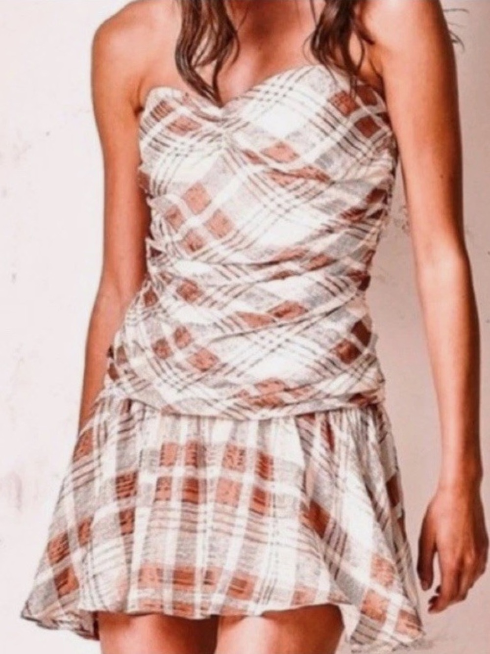LoveShackFancy Cream & Brown Strapless Mini Dress